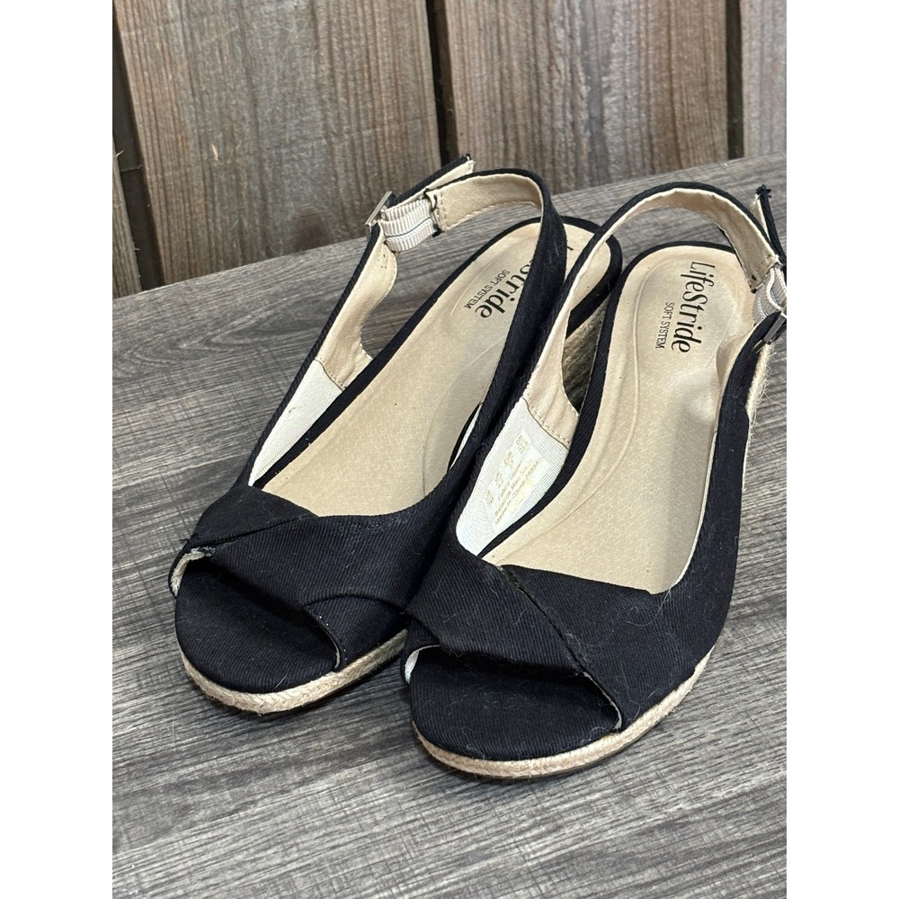 LifeStride Socialite Womens Black Espadrille Wedge Sandals Peep Toe Slingback 7M